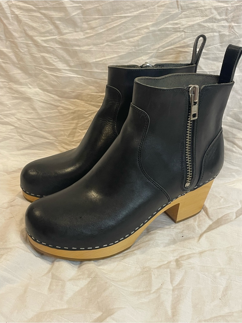 Swedish Hasbeens Black Leather Zip Ankle Clog Boots Wood Heel Size 40